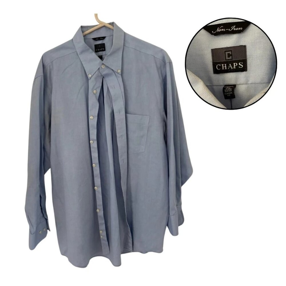Chaps Men’s Non-Iron Dress Shirt 17-32/33 Blue Long Sleeve Button-Up